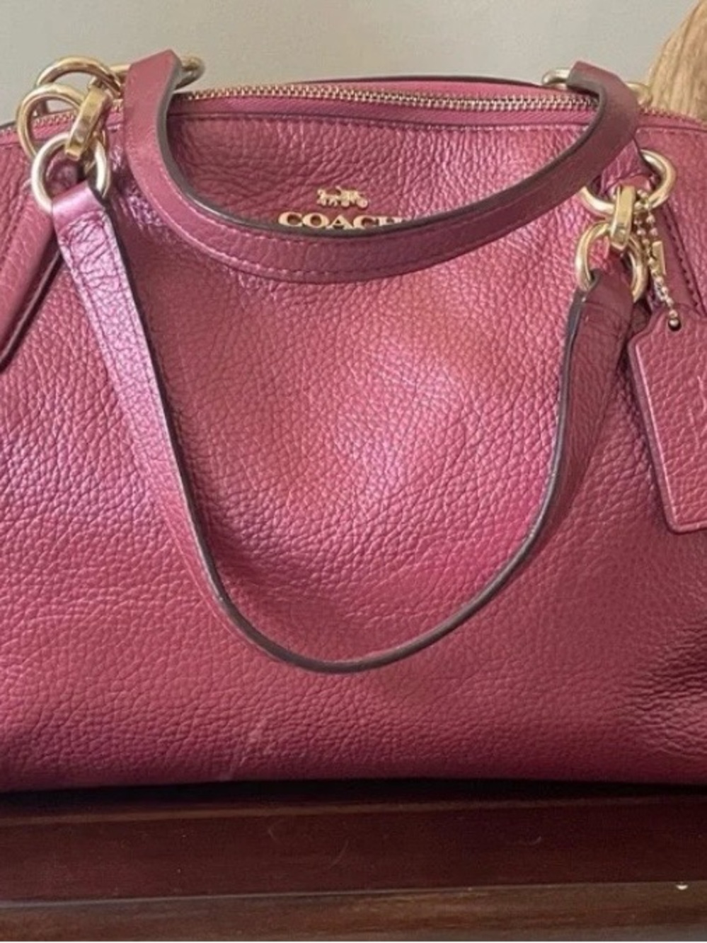 Coach Kelsey Metallic Pebbled Leather Shoulder Crossbody Rose Burgundy Gold Bag - Picture 2 of 15